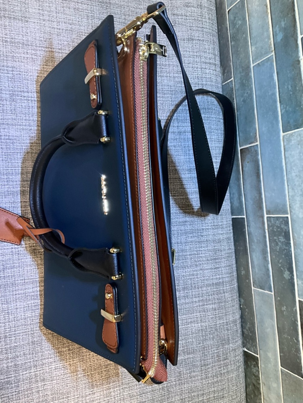 BOSTANTEN Navy and Brown Leather Satchel - Picture 3 of 14